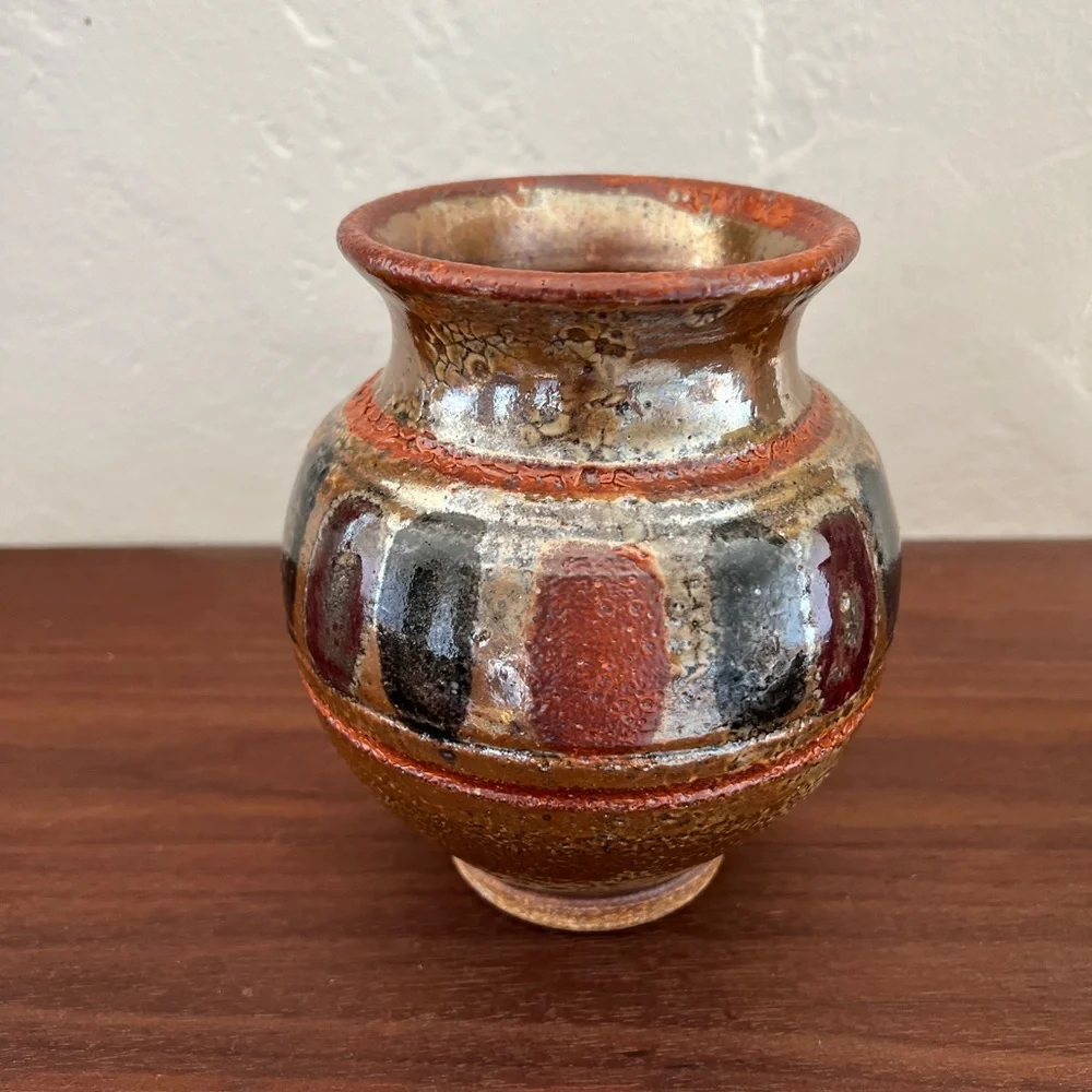 Stoneware hand made vase metallic glaze bronze orange mid century pottery
